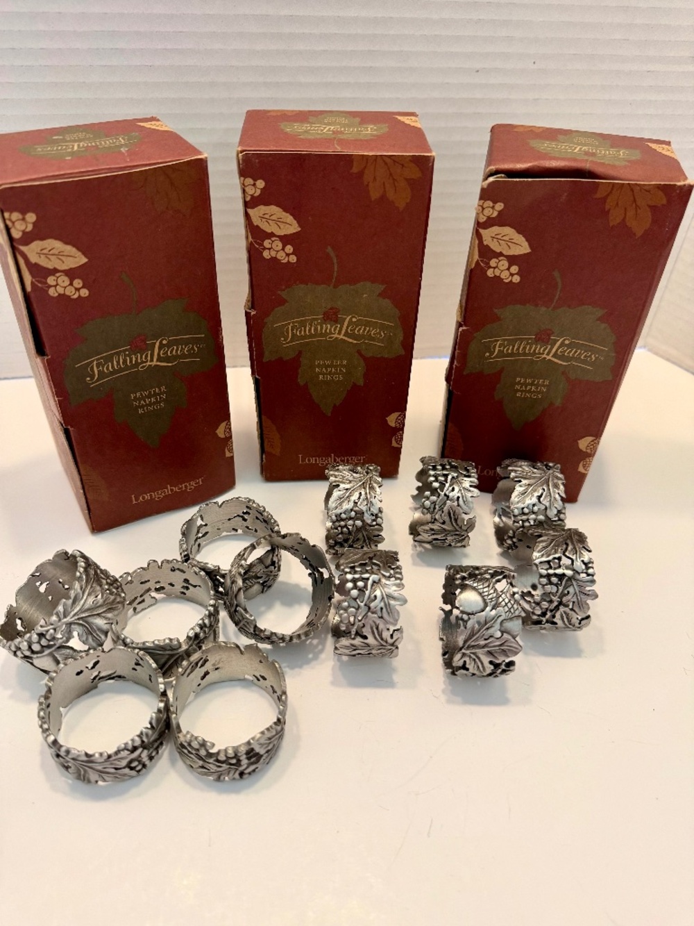 LONGABERGER Falling Leaves Pewter Napkin Rings 12 *NEW*